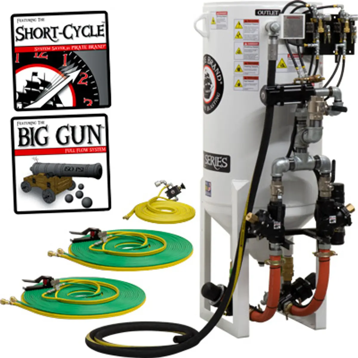 Pirate Brand, S-Series, Short-Cycle™ Series - 10 Cu Ft., Double Outlet W/ Abrasive Cut-Off (Hose Mounted)  - Blast Pot, Stationary, Pressure Release System, Pneumatic Controls 1