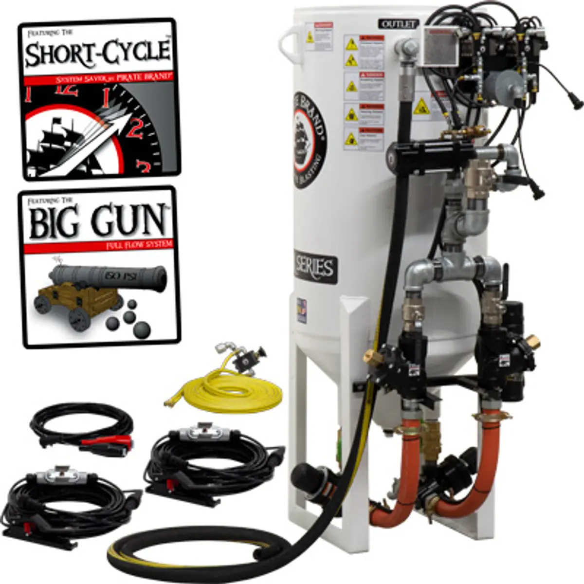 Pirate Brand, S-Series, Short-Cycle™ Series - 10 Cu Ft., Double Outlet W/ Abrasive Cut-Off (Cord Mounted) - Blast Pot, Stationary, Pressure Release System, 12Vdc Electric Controls 1