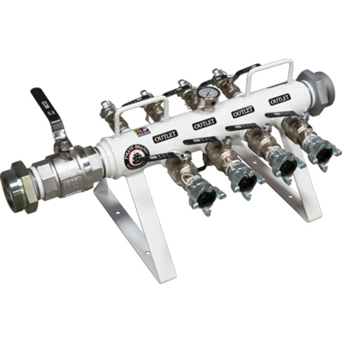 Pirate Brand - Manifold, Stationary, Horizontal, W/ 3" Ground Joint Inlet/Outlet, (4) 1" 2 Lug Outlets, (4) 1-1/2" 4 Lug Outlets 1
