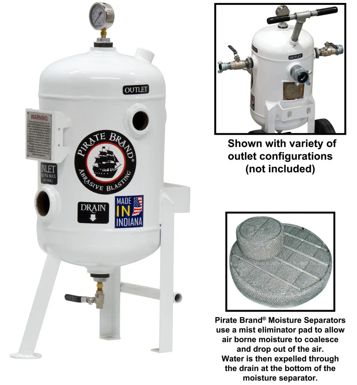 Pirate Brand - Schmidt Mfg Style, Moisture Separator 800 Cfm, Stationary 150 Psi (10.3 Bar), (1) 2" Inlet X (1) 2", (2) 1-1/2" Outlets W/O Fittings 1