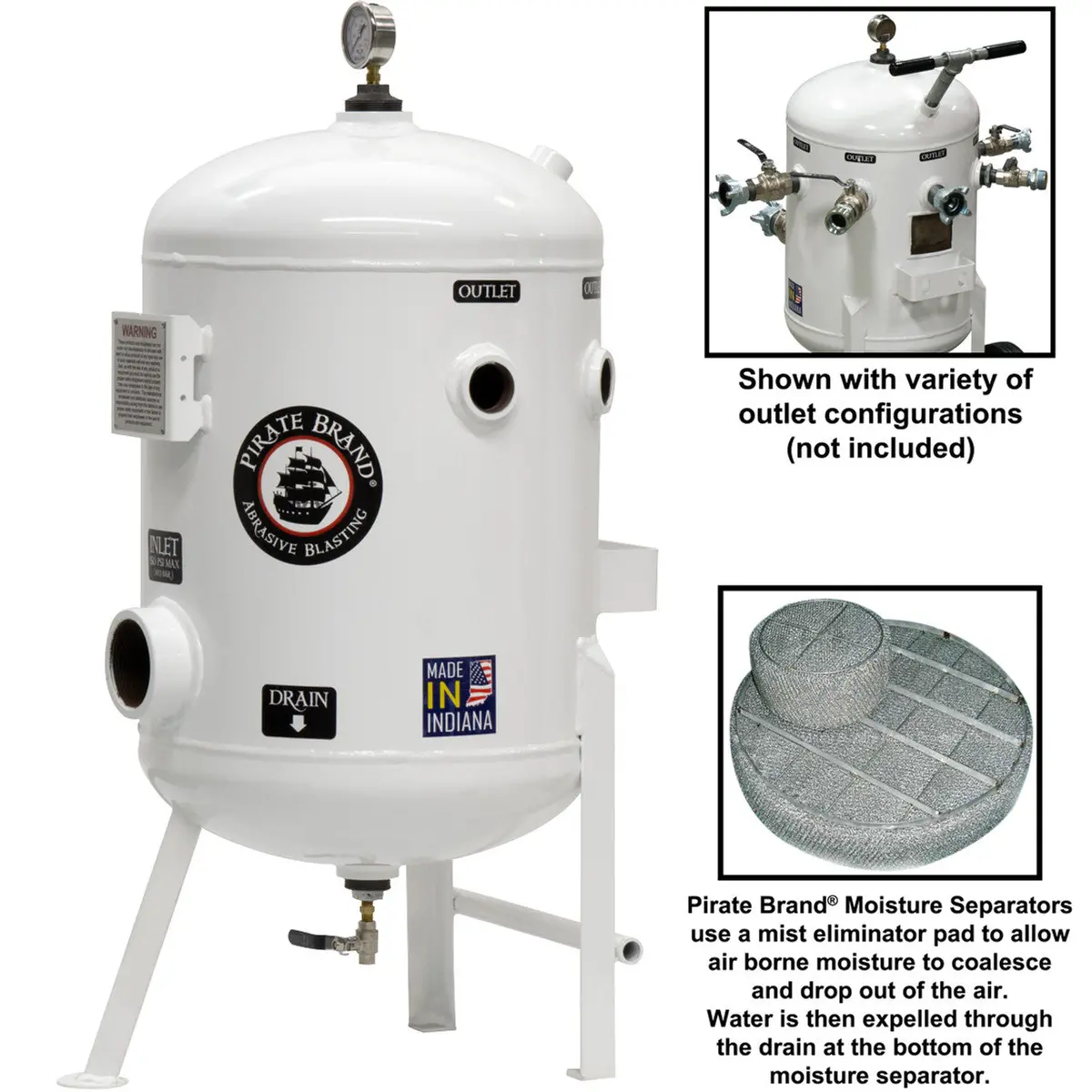Pirate Brand - Schmidt Mfg Style, Moisture Separator 1600 Cfm, Stationary 150 Psi (10.3 Bar), (1) 3" Inlet X (5) 1-1/2" Outlets W/O Fittings 1
