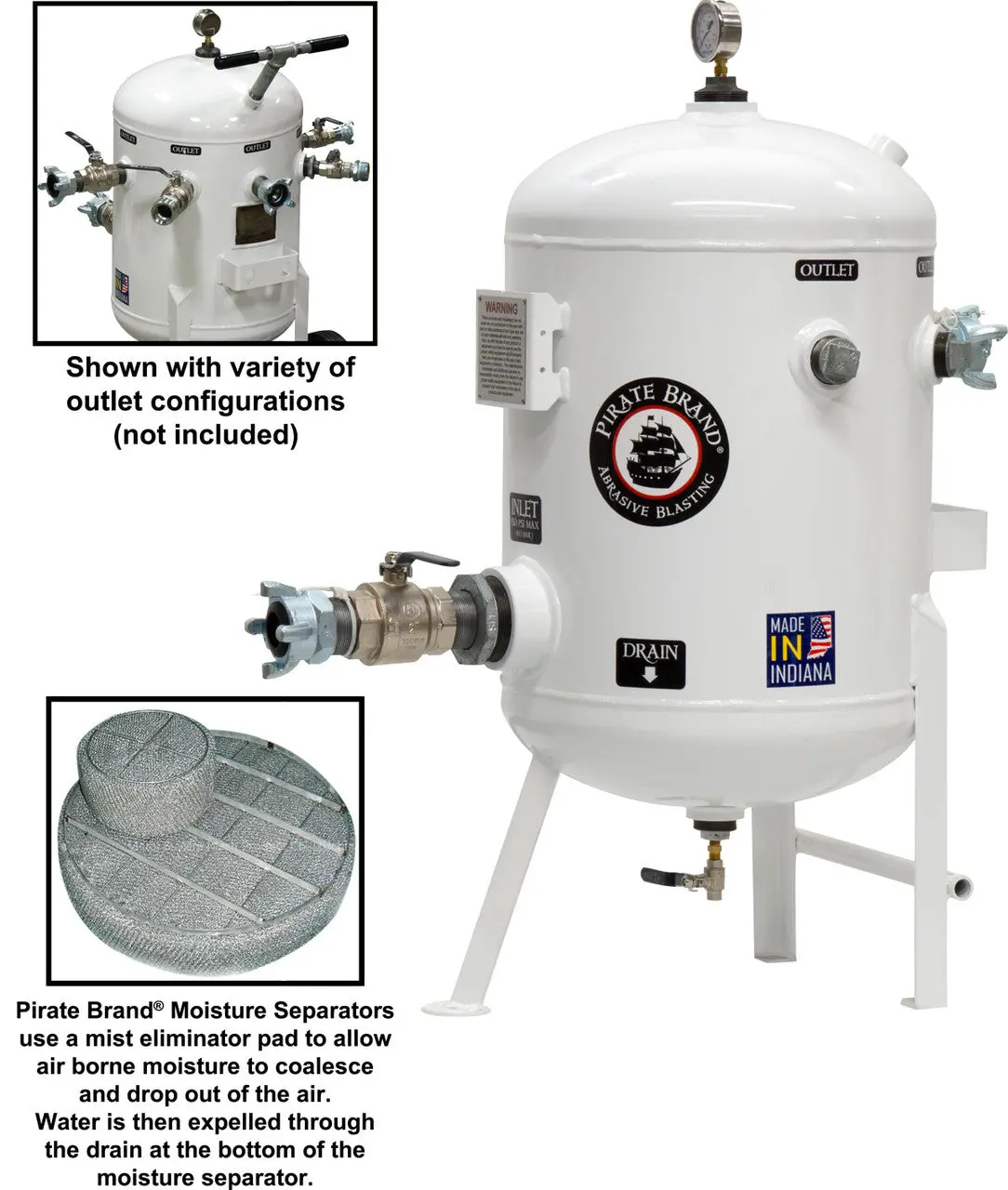 Pirate Brand - Schmidt Mfg Style, Moisture Separator 1600 Cfm, Stationary 150 Psi (10.3 Bar), (1) 4 Lug W/Ball Valve Inlet X (1) 4 Lug Outlet 1