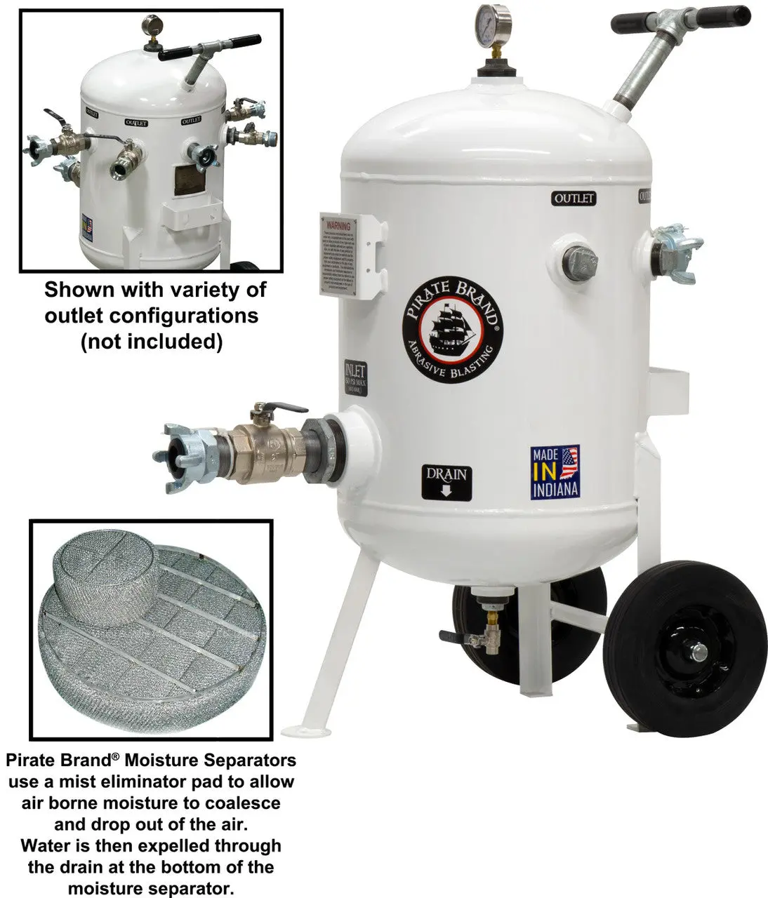 Pirate Brand - Schmidt Mfg Style, Moisture Separator 1600 Cfm, Portable 150 Psi (10.3 Bar), (1) 4 Lug W/Ball Valve Inlet X (1) 4 Lug Outlet 1