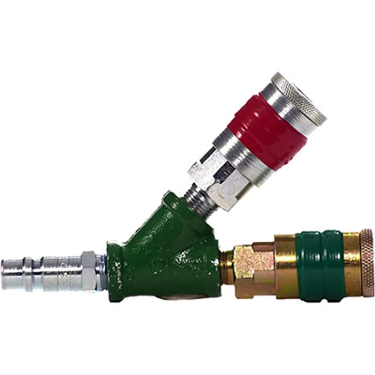Pirate Brand - Bullard®, Free Air Pump Quick-Disconnect Coupler 1/2" Industrial Interchange Splitter, One Flow-Through (Green Band) & One Shut-Off (Red Band) 1