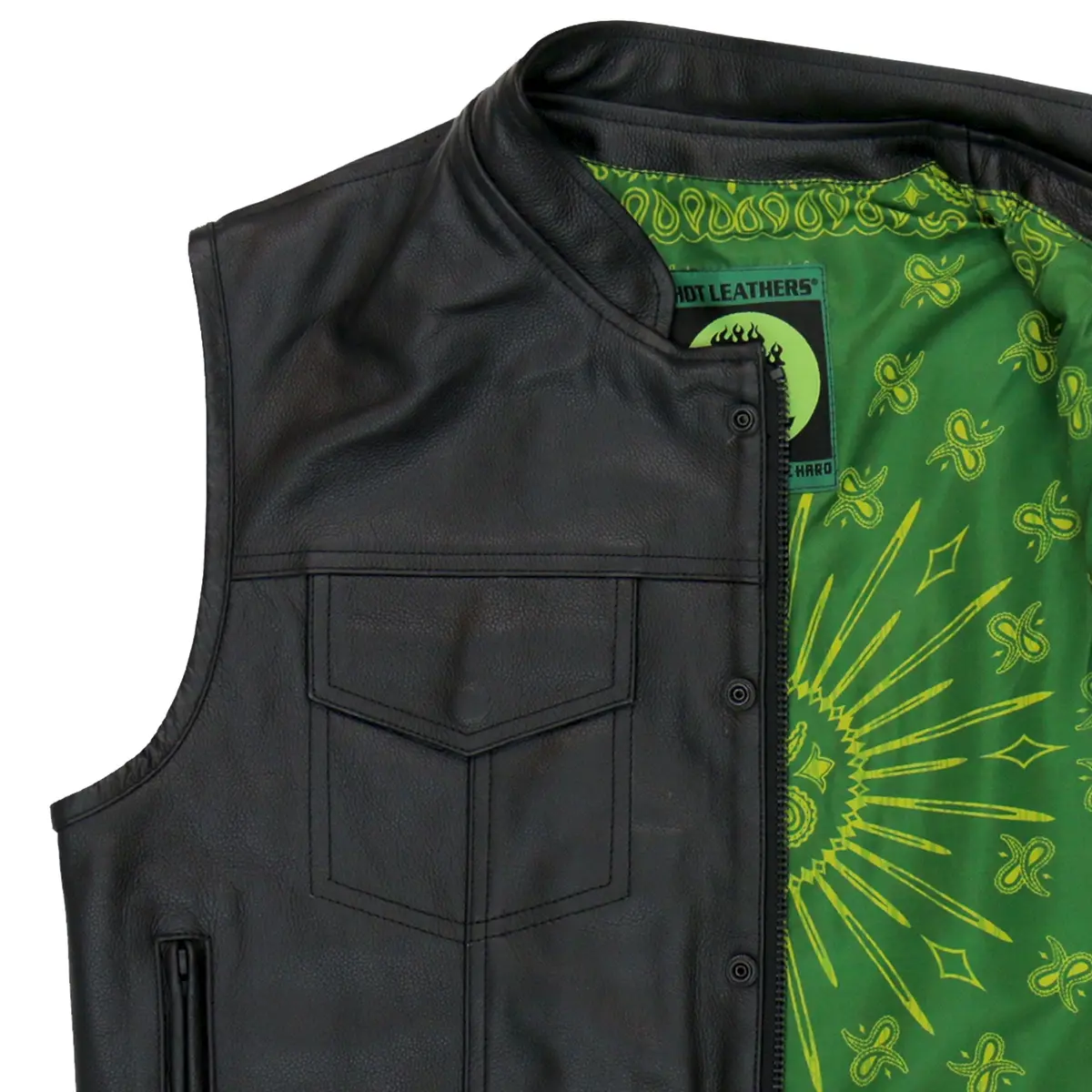 Vsm1050 Men’S Black 'Paisley Green' Motorcycle Club Style Conceal And Carry Leather Biker Vest 1
