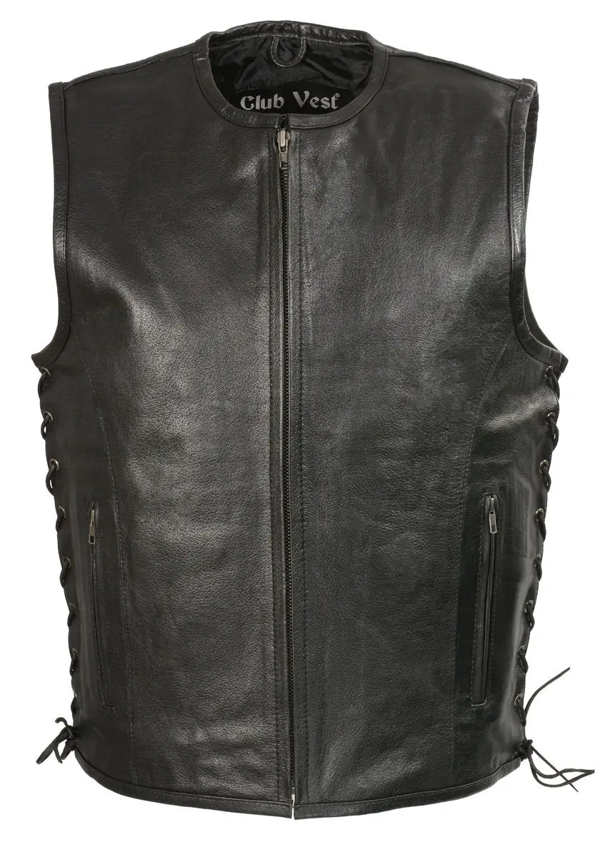 Club Vest Cvm3741 Men’S Black Zipper Front Side Lace Leather Vest With Seamless Design 1