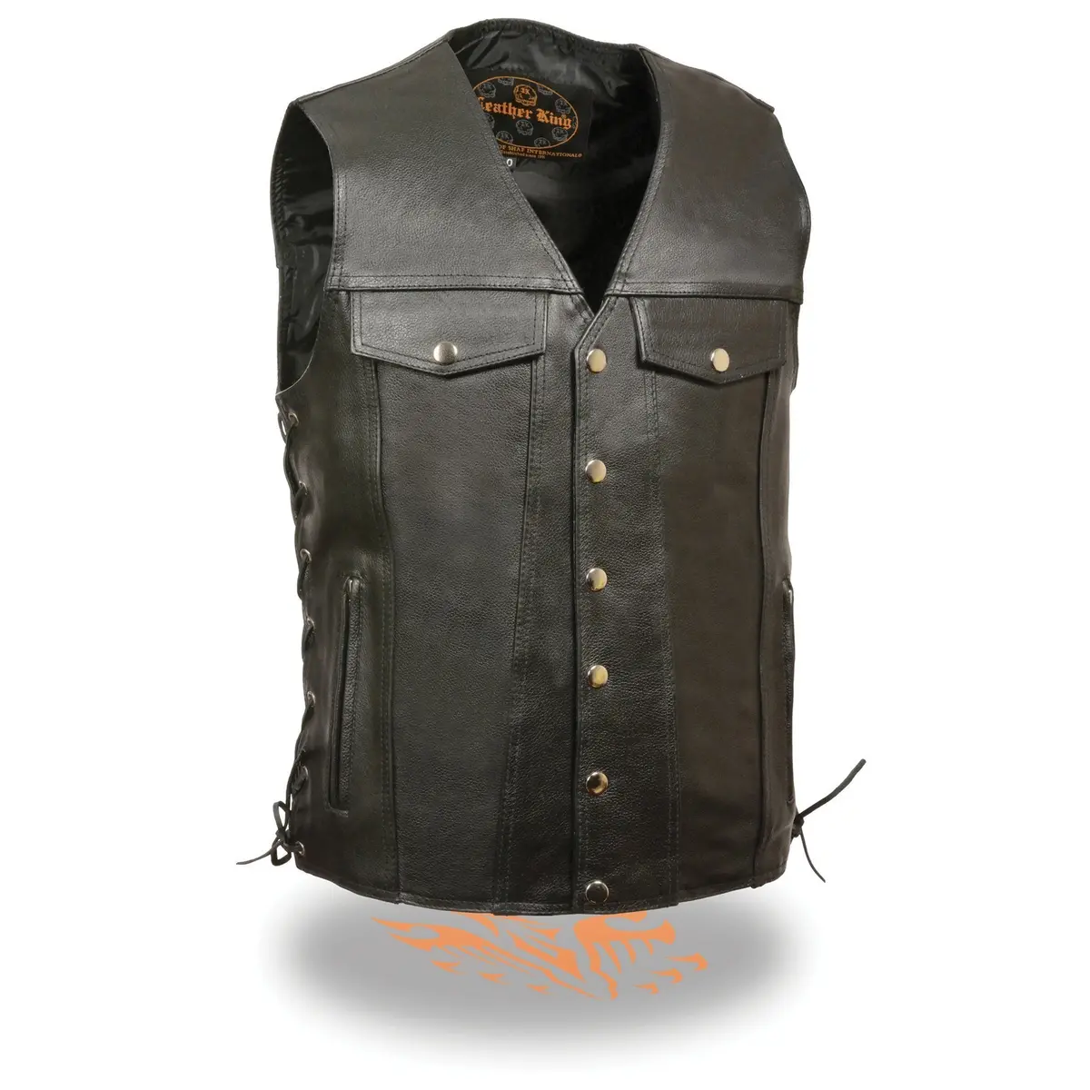 Lkm1360 Men's Black Leather Classic V-Neck Motorcycle Rider Vest W/ Snaps And Side Laces Closure 1