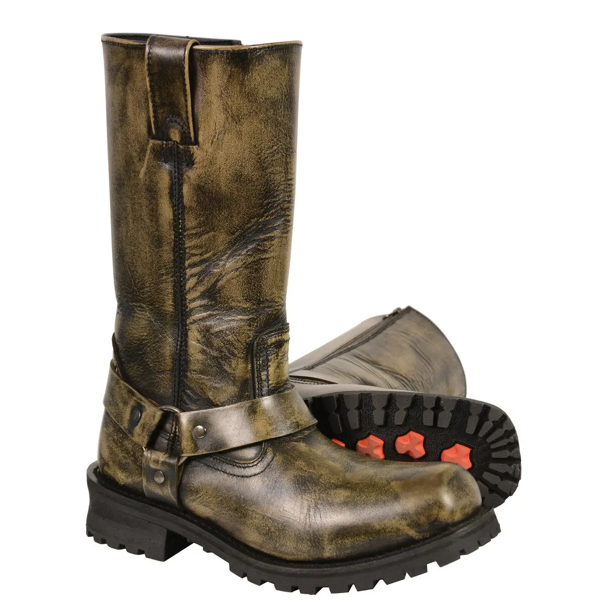 Men's Distressed Brown Leather Wide Width 11-Inch Square Toe Harness  Motorcycle Boots Mbm9005w 1