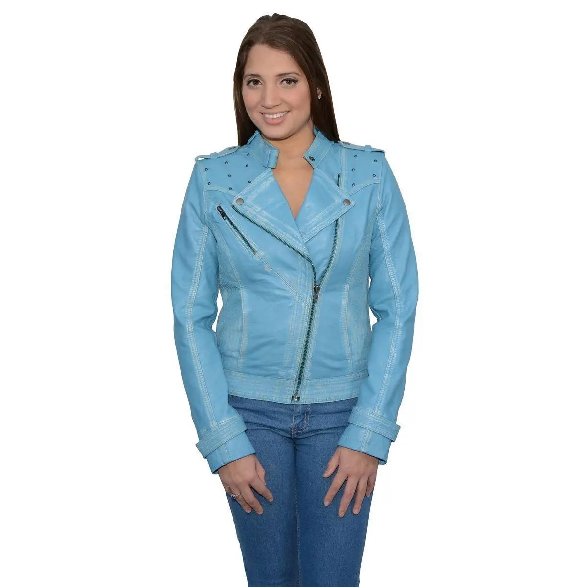Women's Maiden Aqua Premium Sheepskin Motorcycle Fashion Leather Jacket With Studs Sfl2840 1