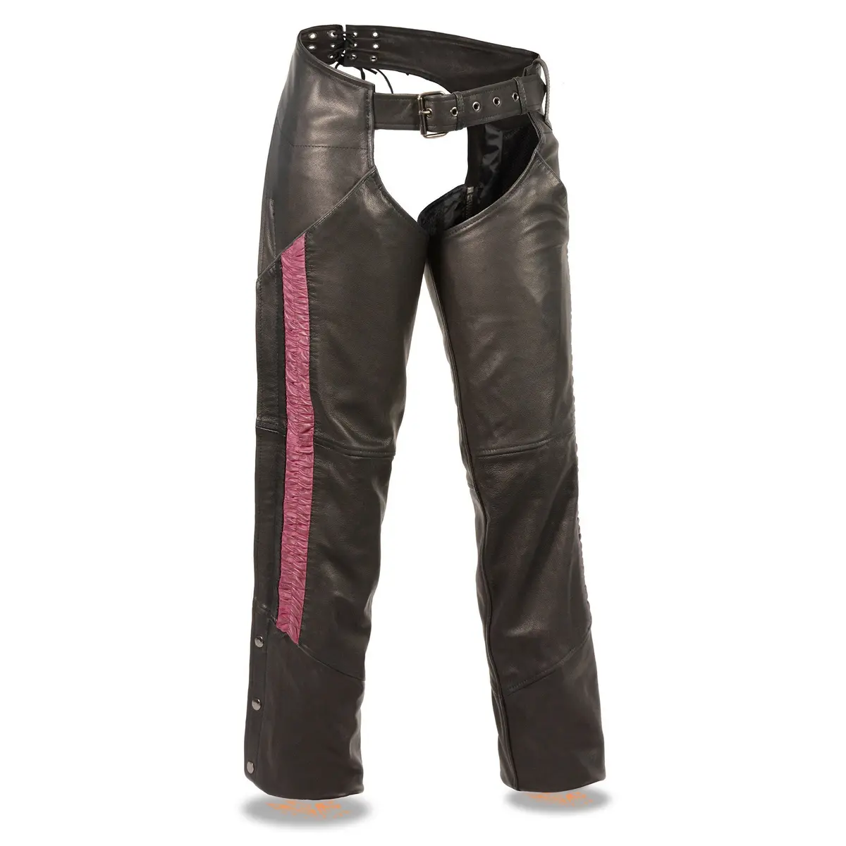 Women's Black And Fuchsia Leather Hip Set Chaps W/ Crinkled Leg Striping Mll6500 1