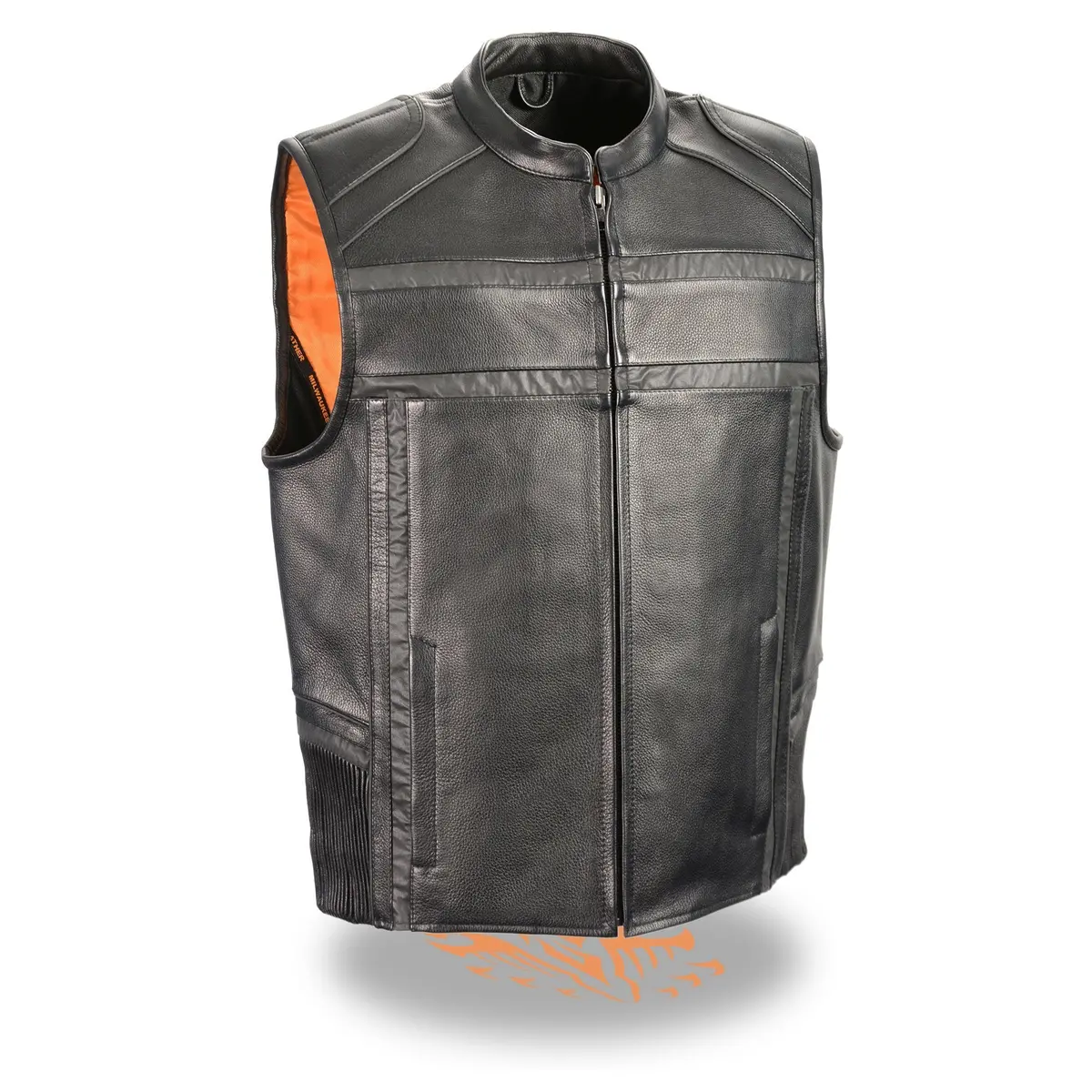 Mlm3560 Men's Black Leather Vest - Reflective Piping Elasticized Waist Open Neck Motorcycle Vest 1