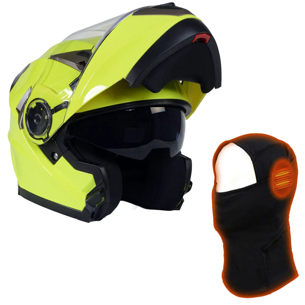 Milwaukee Helmets Mph9809dot 'Ionized' Neon Yellow Modular Helmet For Men And Women Biker W/ Mp7922fmset Heated Balaclava Bundle 1