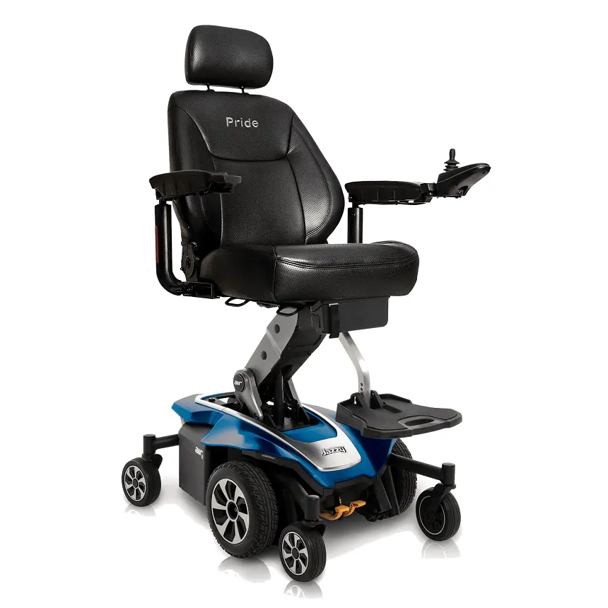Jazzy Air 2 by Pride Mobility — Compact mid-wheel drive power chair featuring seat elevation and a 12-inch wide seating option
