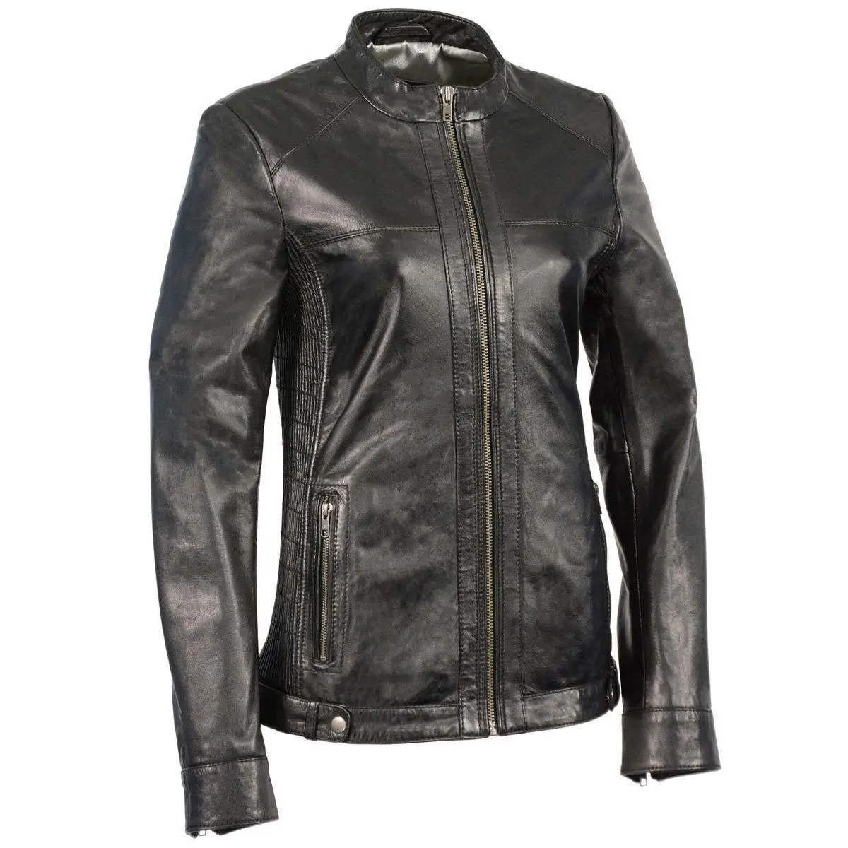Sfl2855 Women's Black  Zip Front Fashion Leather Jacket With Side Stretch Fitting 1