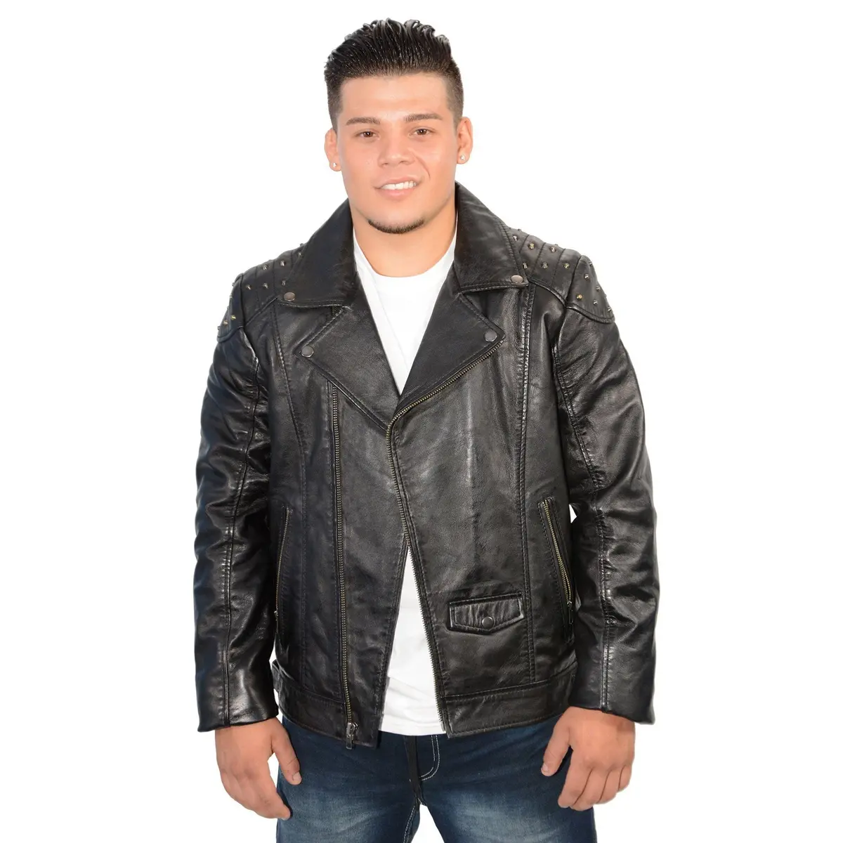 Men's Studded Black Leather Fashion Motorcycle Style Jacket Sfm1825 1