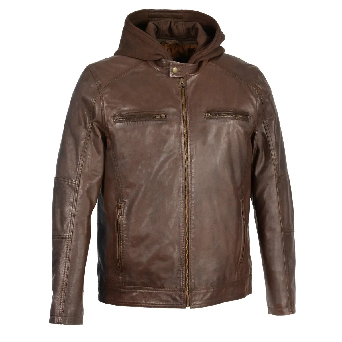 Sfm1850 Men's Broken Brown Snap Collar Motorcycle Style Fashion Casual Leather Jacket With Removable Hoodie 1