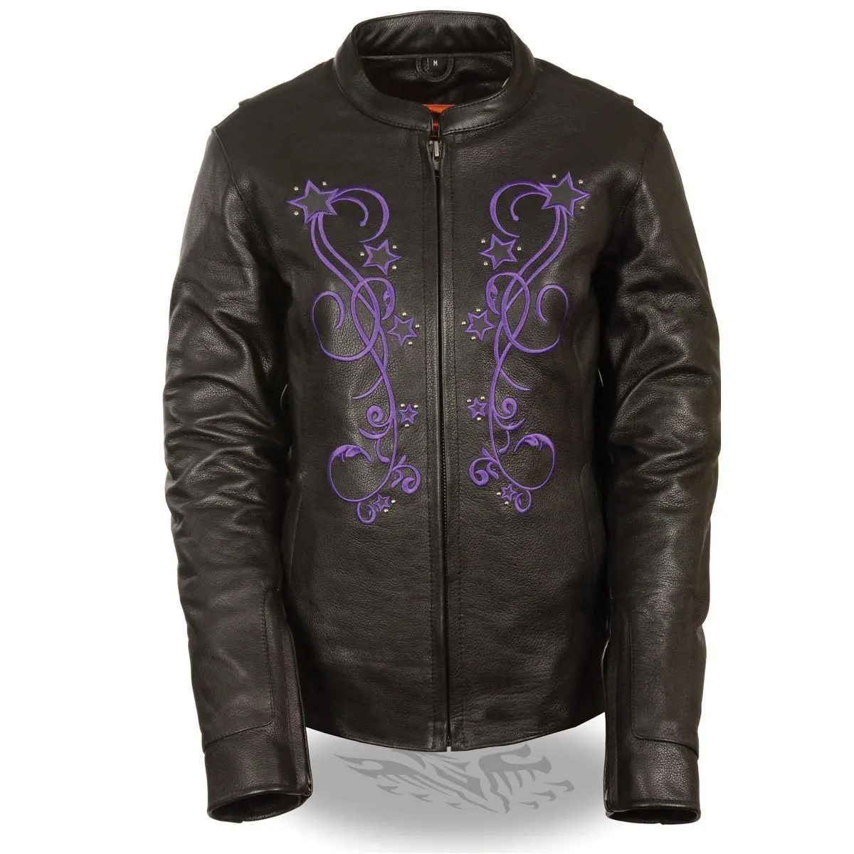 Milwaukee Ml2500 Women's Reflective Star Riveted Black And Purple Leather Jacket 1