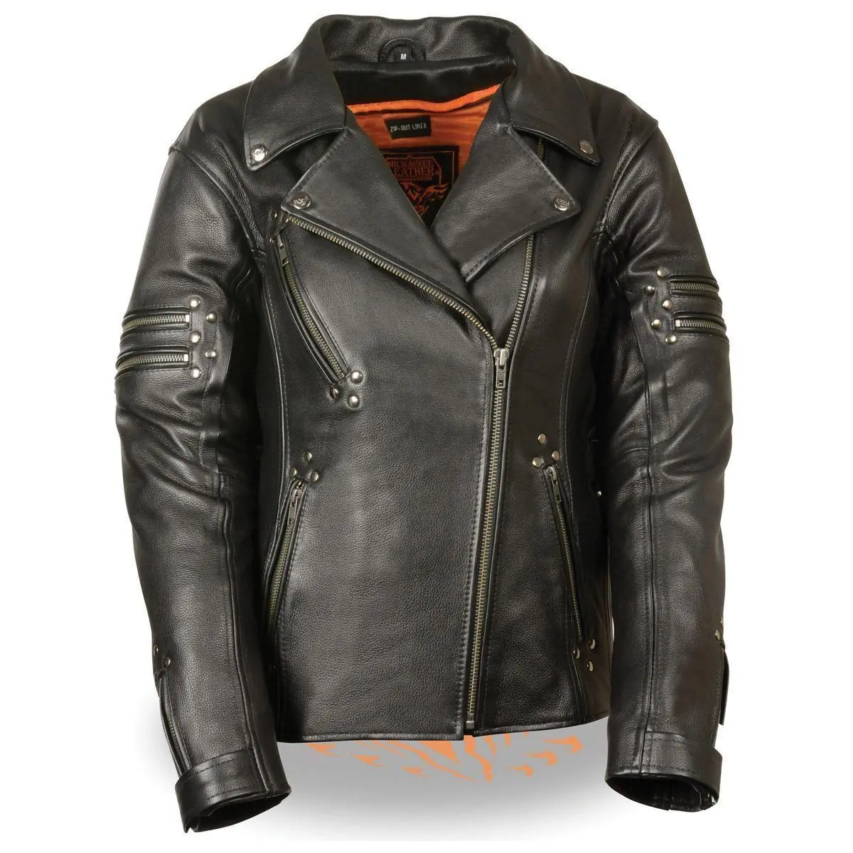 Mll2585 Women's Black Premium Leather Motorcycle Rider Jacket With Rivets 1