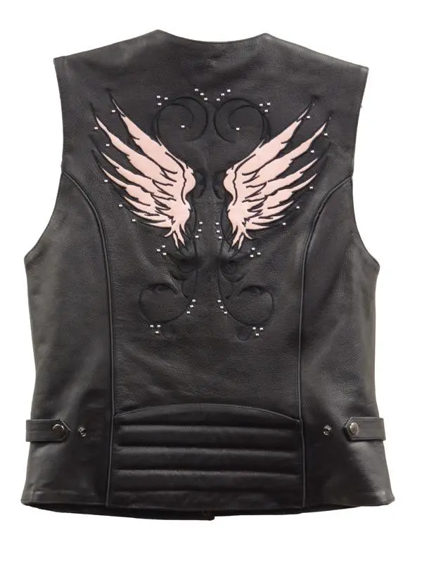 Xs1293 Ladies ‘Winged’ Black And Pink Studded Leather Vest 1